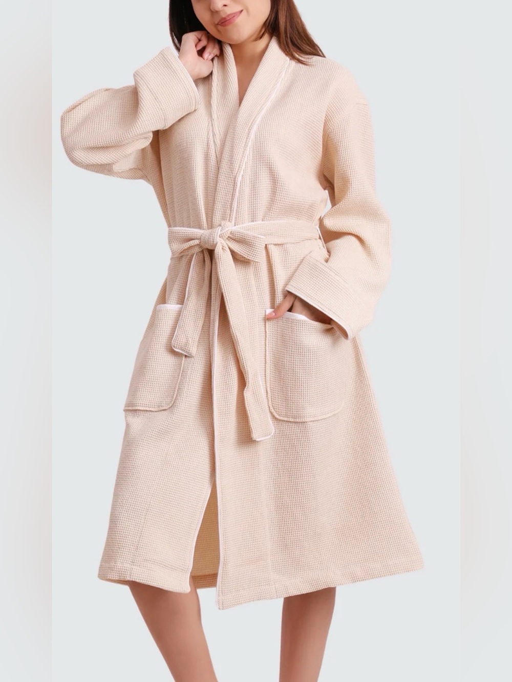 Amazon Essentials Women's Beige Waffle Robe with Belt